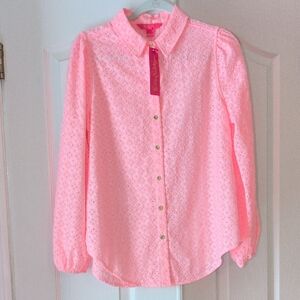 Lilly Pulitzer Pink Sea Breeze Button Down Eyelet Blouse NWT
